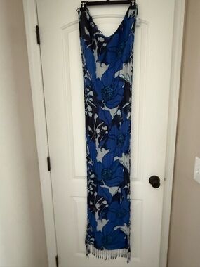 New York & Company Blue and Black Floral Fringe Scarf